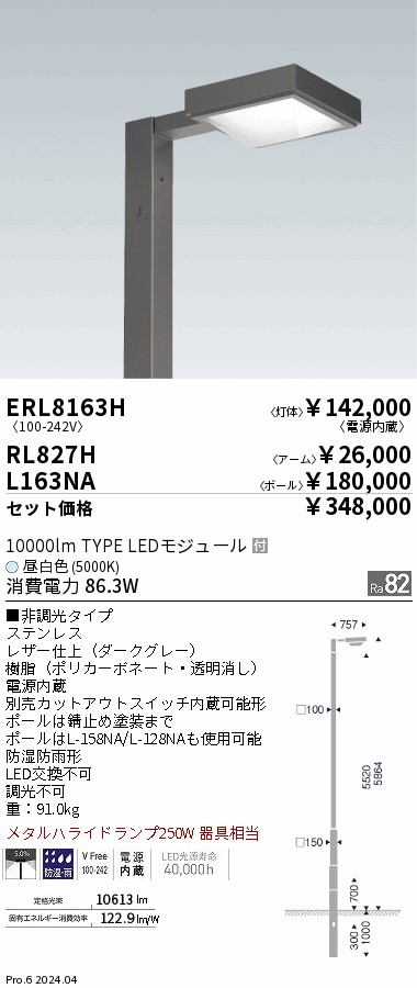 ポイント2倍】遠藤照明 ERL8163H 屋外ローコスト高効率ポール灯